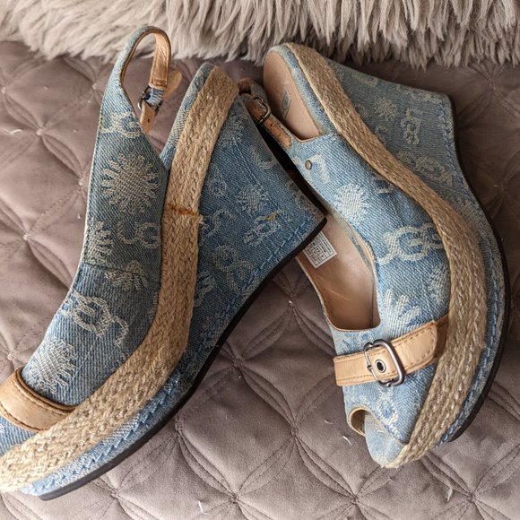 UGG blue high heeled peekaboo toe wedge sandals with rope trim size 8 - Picture 3 of 10